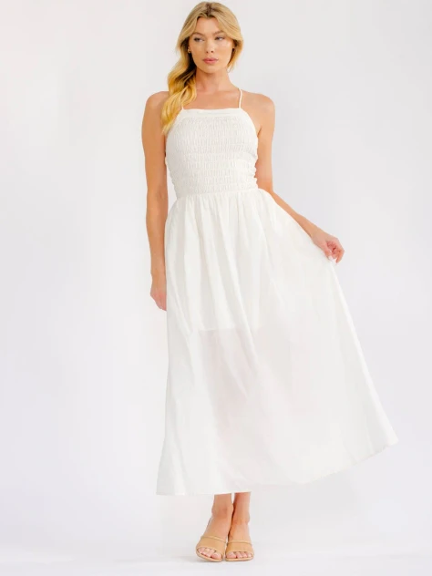OPEN BACK SMOCK FRONT POCKETS SIDE SLIT MAXI DRESS