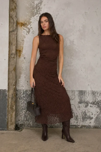 LACE RUCHED DETAIL TANK MIDI DRESS