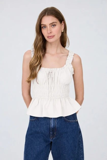 RUFFLED FRONT TIE SHIRRED WAIST TANK TOP