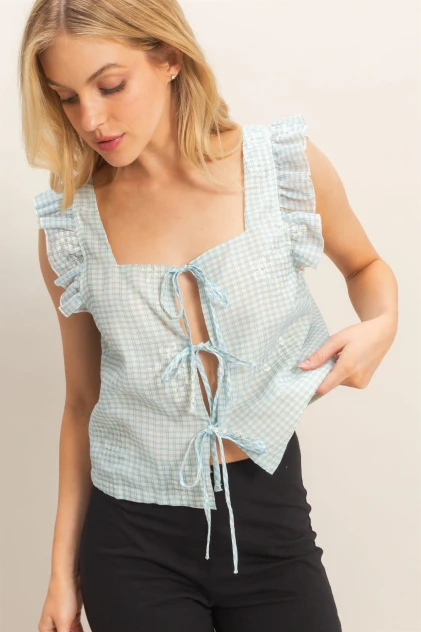 EMBROIDERED GINGHAM TIE FRONT TOP