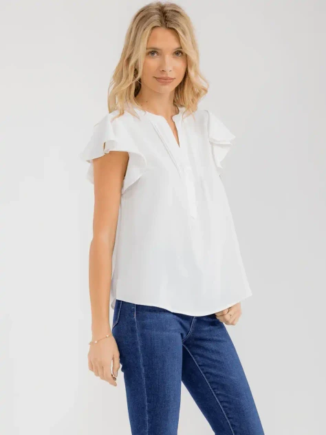 SHORT RUFFLE SLEEVE V-NECK DETAILED BLOUSE