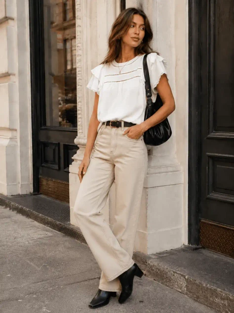 SHORT RUFFLE SLEEVE SWISS DETAILED BLOUSE