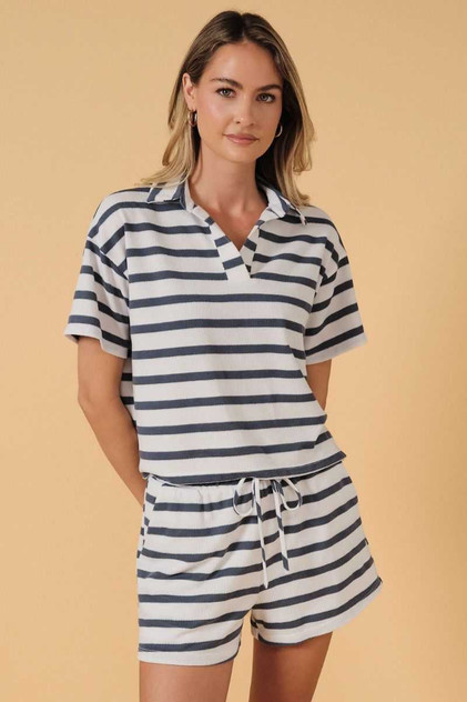 COLLARED NECK SHORT SLEEVE STRIPE BOX TOP