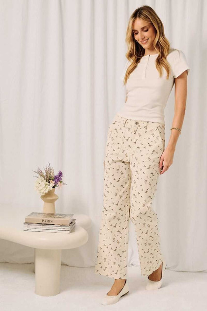 HIGH RISE FLORAL PRINT TWILL PANTS