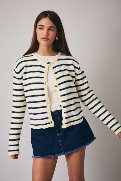 ROUND NECK LONG SLEEVE STRIPE CARDIGAN