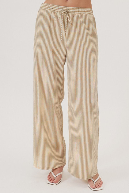 ELASTIC WAIST DRAWSTRING BACK PATCH POCKET WIDE LINEN PANTS