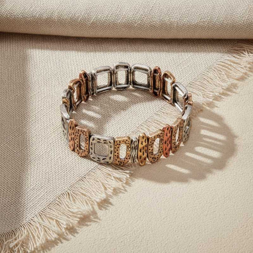 ELEGANT ARTISANAL MULTI-METAL TEXTURED STRETCH STATEMENT BRACELET