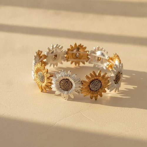 TWO-TONE SUNFLOWER STATEMENT BRACELET - ELEGANT MIXED GOLD & SILVER FLORAL JEWELRY