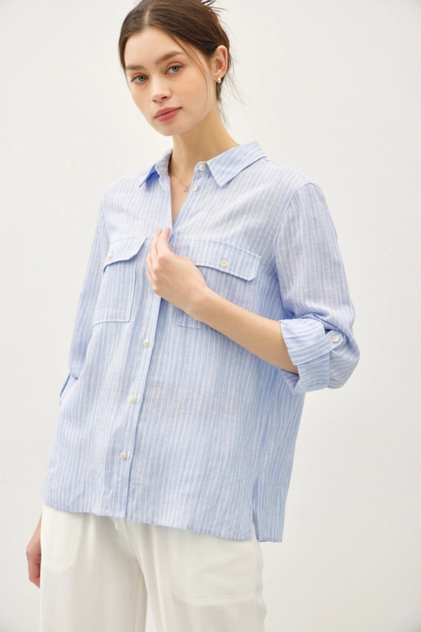 LINEN BLEND STRIPED BUTTON UP SHIRT