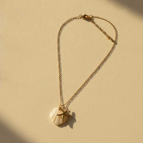 NAUTICAL GOLD PLATED SEASHELL AND STARFISH CHARM NECKLACE