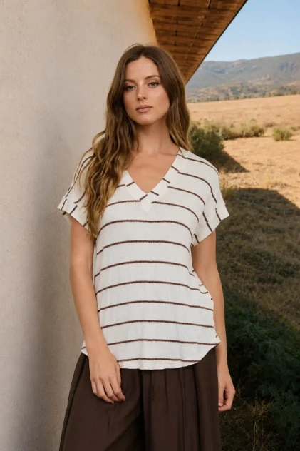 STRIPE V NECK CUFFED SLEEVE KNIT TOP