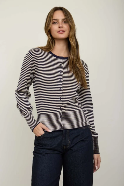 STRIPE ROUND NECK RIBBED HEM CARDIGAN