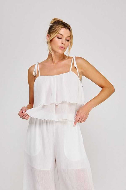 TEXTURED WOVEN TIE STRAP RUFFLE LAYER TOP