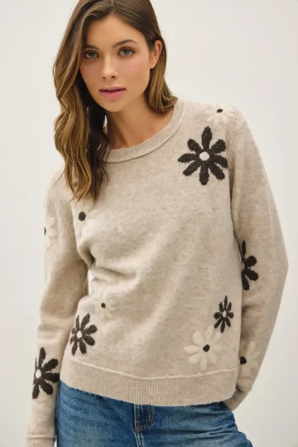 WOOL BLEND FLORAL ACCENT SWEATER