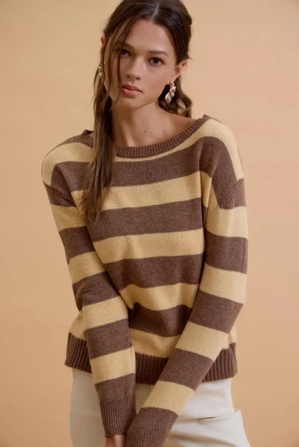 ANGORA BLEND RELAXED FIT WIDE STRIPED SWEATER