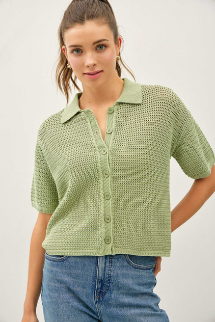 BOXY CROCHET COLLARED SHORT SLEEVE CARDIGAN