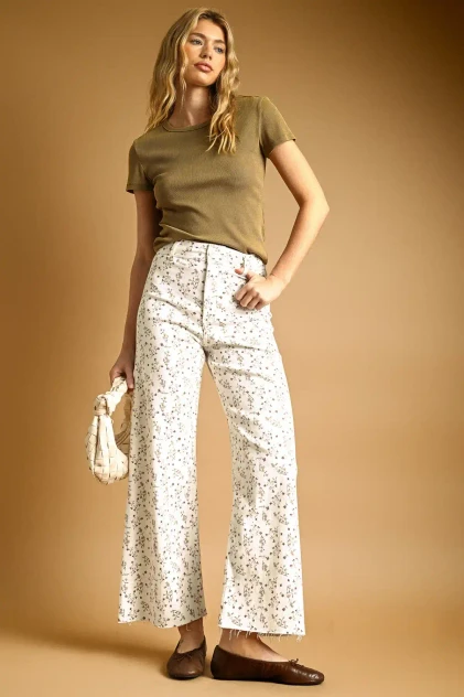 FLORAL PRINT STRETCHED WIDE LEG PANTS