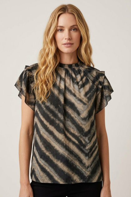 SATIN ANIMAL PRINT MOCK NECK BLOUSE