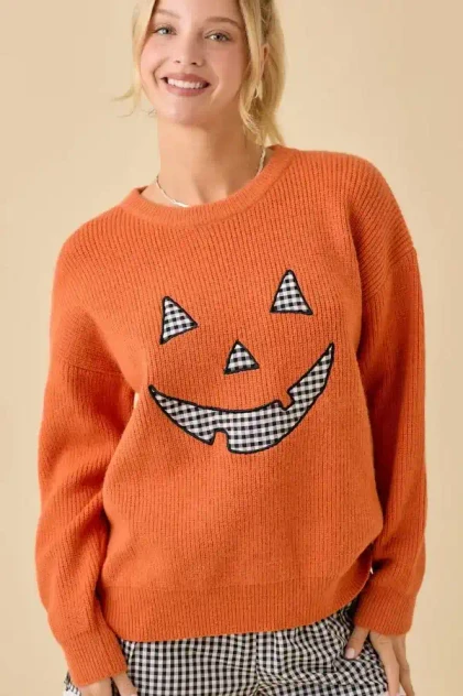 PUMPKIN FACE PATCHWORK SWEATER