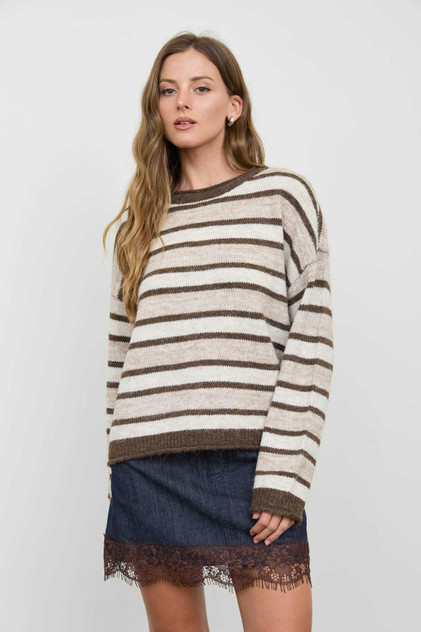 HEATHERED MULTI-STRIPE RAW EDGE KNIT SWEATER