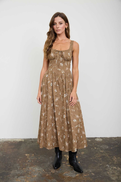 FLORAL EYELET TIE FRONT CORSET MIDI DRESS