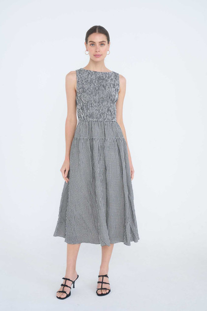 SMOCKED GINGHAM TIERED SLEEVELESS MIDI DRESS