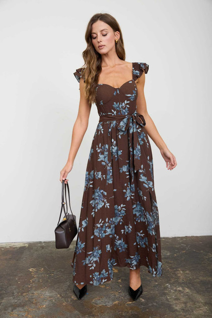 RUFFLE STRAP SWEETHEART CORSET FLORAL MIDI DRESS