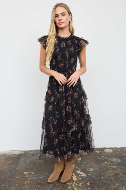 SMOCKED RUFFLE TIERED FLORAL MIDI DRESS