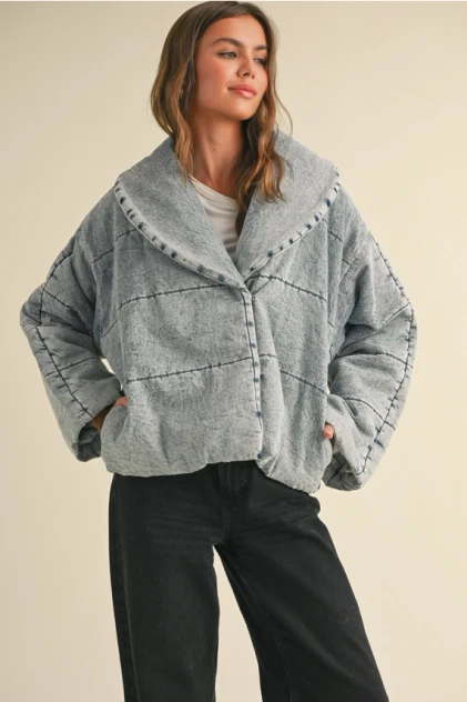 QUILTED TIE TO CLOSE DENIM JACKET