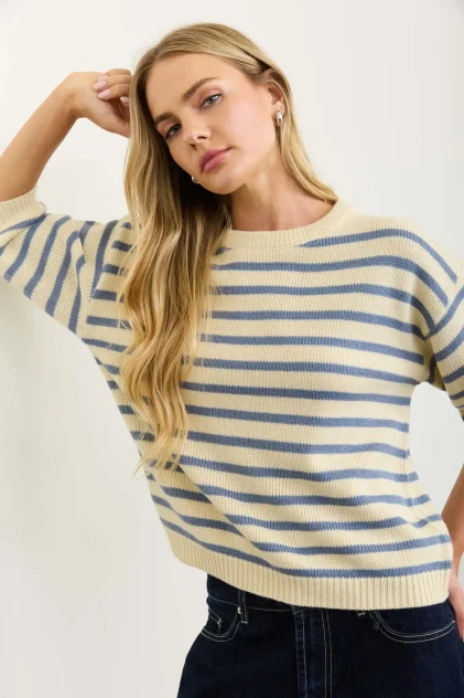 STRIPE CREWNECK SHORT SLEEVE SWEATER