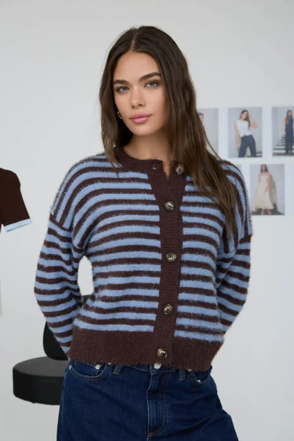 STRIPE BUTTON DOWN FUZZY KNIT CARDIGAN