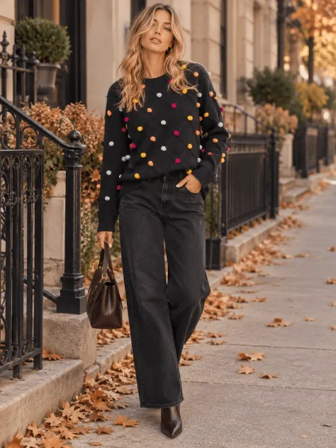 LONG SLEEVE PULLOVER POM POM DETAILED SWEATER