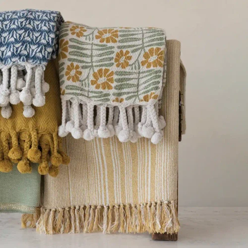 WOVEN RECYCLED COTTON BLEND PRINTED THROW W/ FLOWERS & BRAIDED POM POM