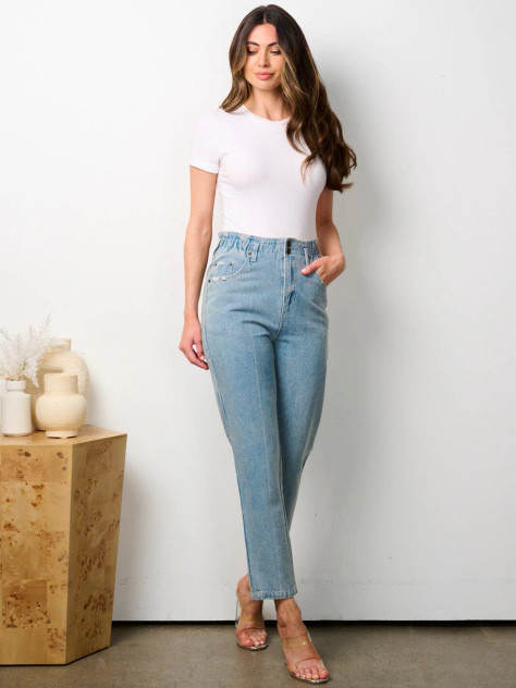 ELASTIC WAIST BUTTON CLOSURE DENIM PANTS