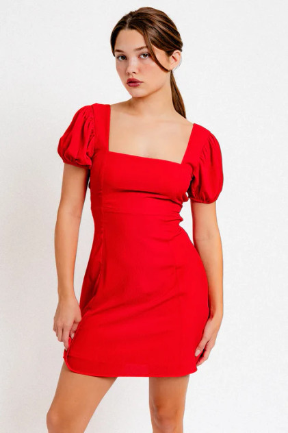 SHORT PUFF SLEEVE OPEN BACK MINI DRESS