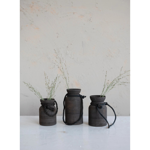 FOUND DECORATIVE WOOD JUG WITH ROPE