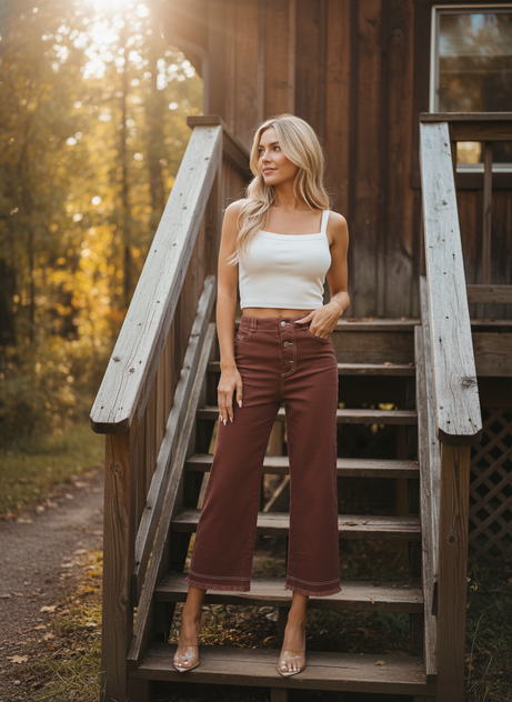 BUTTON CLOSURE POCKETS WIDE LEG PANTS