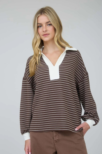 CONTRAST COLLAR STRIPE LONG SLEEVE TOP
