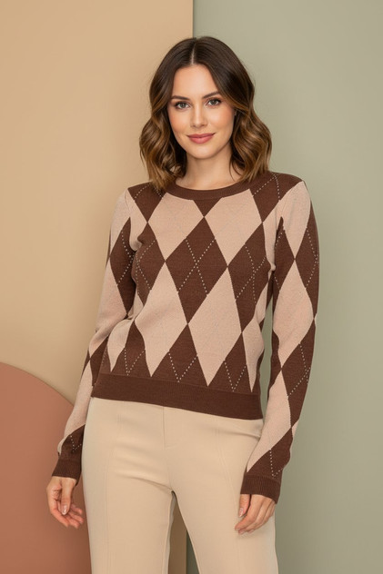 ARGYLE PATTERN SWEATER CREW NECK TOP