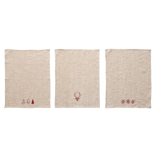 LINEN AND COTTON EMBROIDERED CHRISTMAS TEA TOWEL / NATURAL & RED