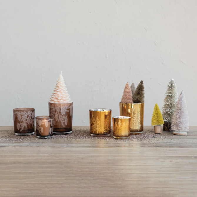 GLASS TEALIGHT HOLDER W/ ETCHED PINECONES