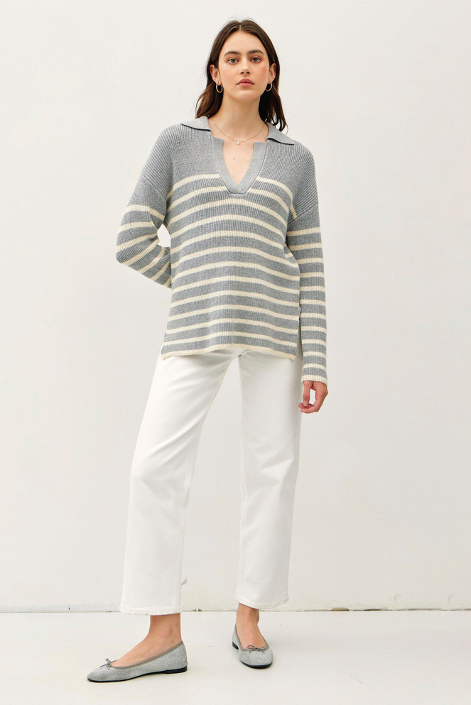 CHUNKY RIBBED STRIPED V NECK COLLAR SWEATER