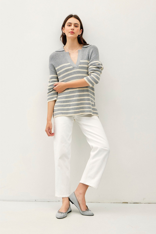 CHUNKY RIBBED STRIPED V NECK COLLAR SWEATER