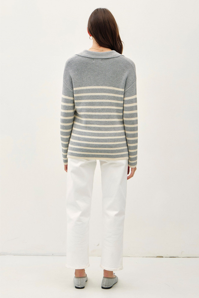 CHUNKY RIBBED STRIPED V NECK COLLAR SWEATER