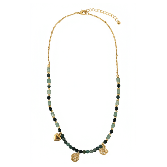 EARTHY GREEN GOLD CHARM NECKLACE