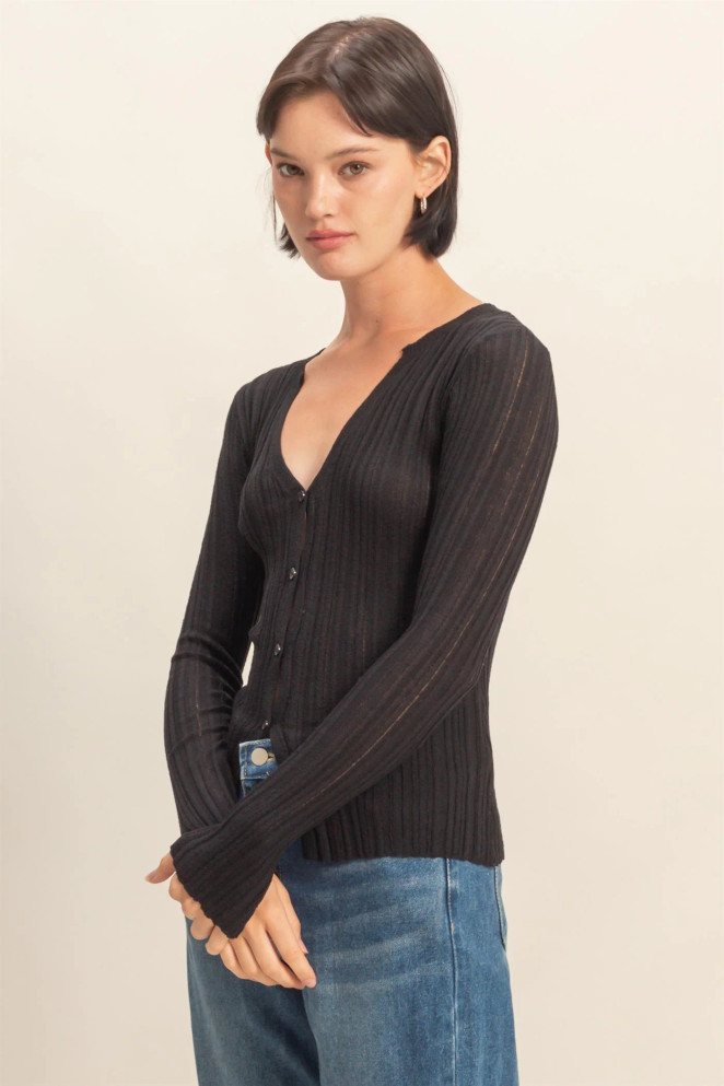 V NECK LONG SLEEVE RIBBED CARDIGAN
