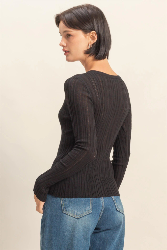 V NECK LONG SLEEVE RIBBED CARDIGAN