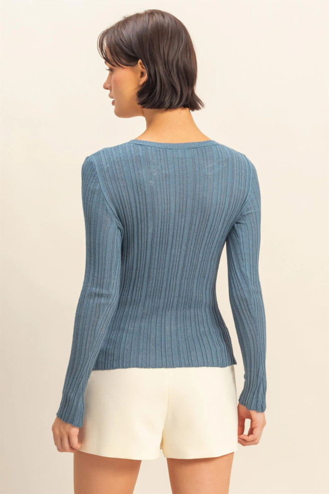V NECK LONG SLEEVE RIBBED CARDIGAN