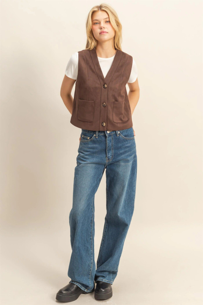 BUTTON FRONT SUEDE VEST