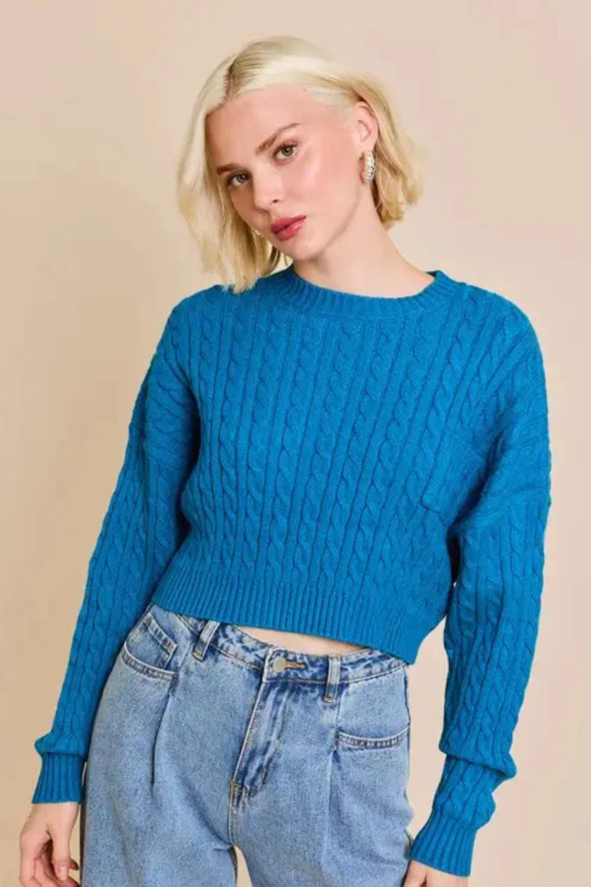 CABLE CHEST POCKET KNIT CROP SWEATER